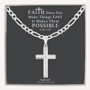Mens Solid Sterling Silver Cross Necklace with Figaro Chain, Meaningful Faith Keepsake Card, Ready To Give Gift of Faith for Men and Boys