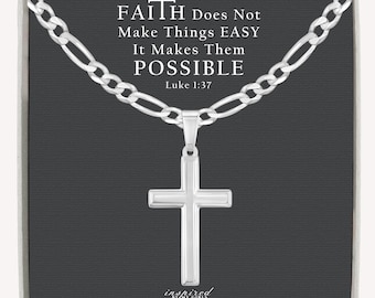 Mens Solid Sterling Silver Cross Necklace with Figaro Chain, Meaningful Faith Keepsake Card, Ready To Give Gift of Faith for Men and Boys
