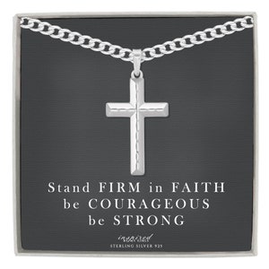 Mens Sterling Silver Cross Necklace with Curb Chain, Diamond Cut Cross, Meaningful Keepsake Card, Ready To Give Gift For Men and Boys