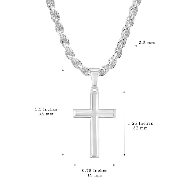 Sterling Silver Mens Cross Necklace, Sterling Silver Rope Chain, Boys Cross Necklace, Choice Of Chain Lengths and Widths