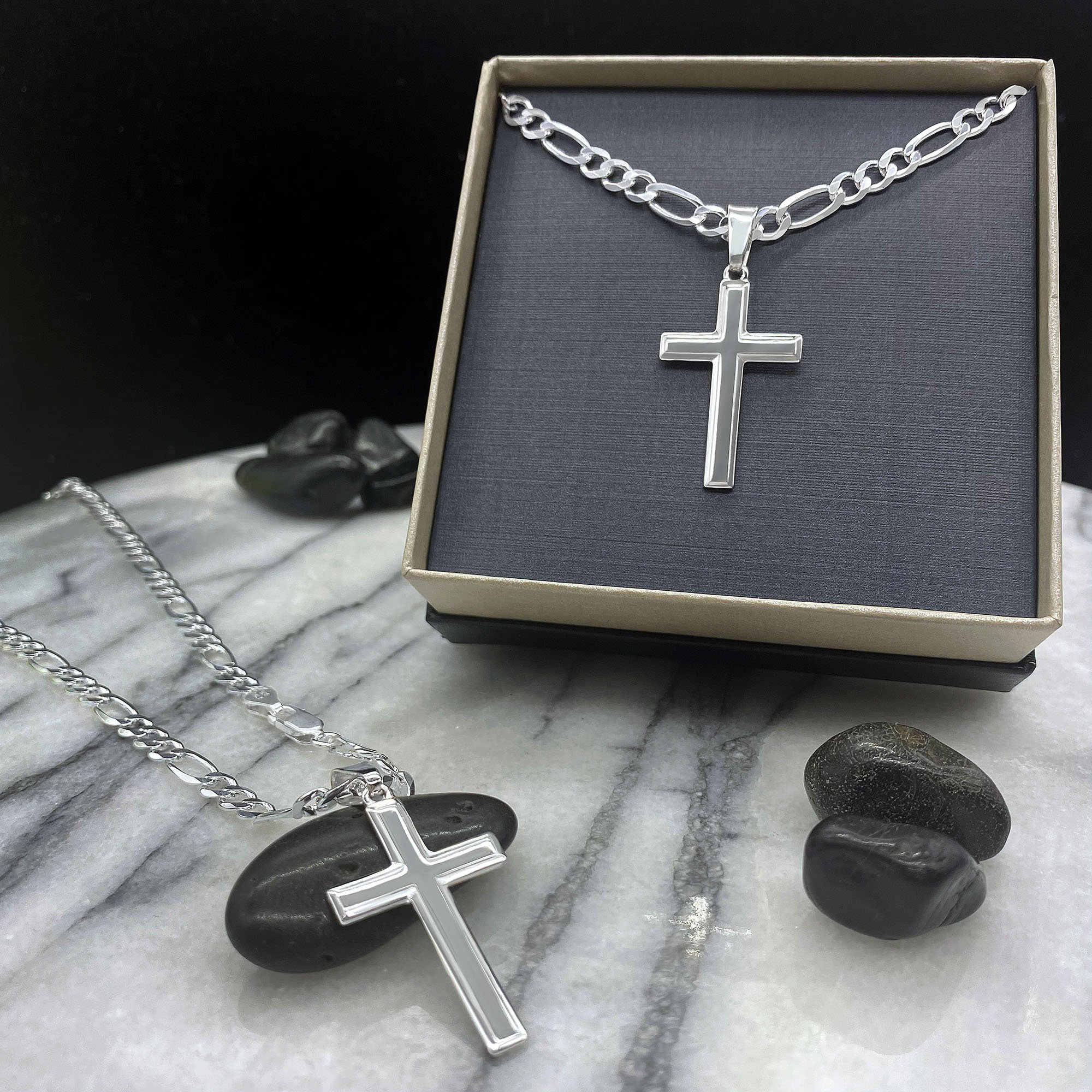 Mens Cross Necklace With Figaro Chain, Solid Sterling Silver