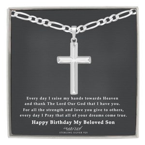 Birthday Gift For Son, Solid Sterling Silver Cross Necklace, Figaro Chain, Meaningful Keepsake Birthday Card,  Ready To Give Gift In Box