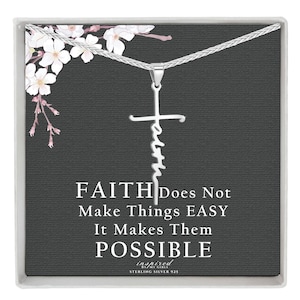 May include: A silver necklace with a cross pendant that says "faith" on it. The necklace comes in a box with a gray background and a floral design. The box also has the text "FAITH Does Not Make Things EASY It Makes Them POSSIBLE inspired BY/MY GIRLS STERLING SILVER 925".