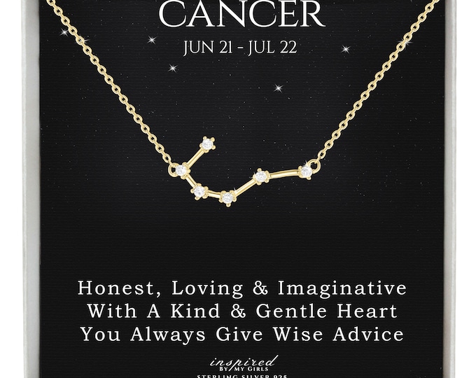 Gold Cancer Constellation Necklace Gift, 14K Gold over Sterling Silver, Zodiac Astrology Horoscope Gift With Meaningful Keepsake Card