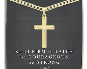 Mens 14K Gold over Solid Sterling Silver Domed Cross Necklace - Curb Chain - Meaningful Keepsake Card - Ready To Give Gift For Men and Boys