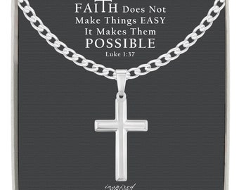 Mens Solid Sterling Silver Cross Necklace with Curb Chain and Meaningful Faith Keepsake Card - Ready To Give Gift of Faith For Men and Boys