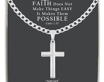 Mens Solid Sterling Silver Cross Necklace with Curb Chain and Meaningful Faith Keepsake Card - Ready To Give Gift of Faith For Men and Boys