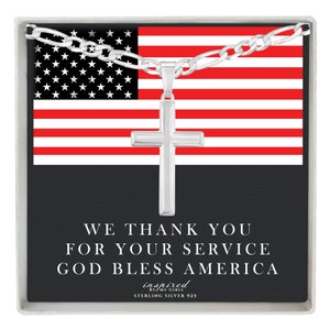 Mens Sterling Silver Cross Necklace, Figaro Chain, Patriotic Keepsake Card, Ready To Give Patriotic Gift In Box