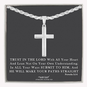 Mens Sterling Silver Cross Necklace with Rope Chain and Meaningful Proverbs Keepsake Card - Ready To Give Gift In Box For Men and Boys