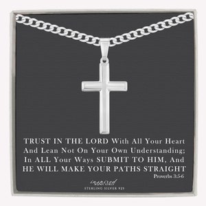 Mens Sterling Silver Cross Necklace with Curb Chain and Meaningful Proverbs Keepsake Card - Ready To Give Gift In Box