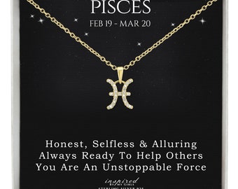 Collar del zodiaco Piscis, Oro de 14 quilates sobre plata de ley maciza 925, Tarjeta de recuerdo significativa, Listo para regalar