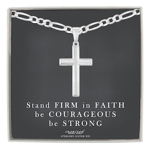 Mens Sterling Silver Cross Necklace with Figaro Chain and Meaningful Keepsake Card - Ready To Give Gift In Box