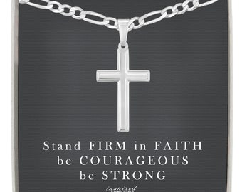 Mens Sterling Silver Cross Necklace with Figaro Chain and Meaningful Keepsake Card - Ready To Give Gift In Box