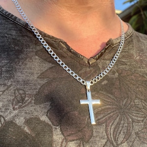 Sterling Silver Mens Cross Necklace, Sterling Silver Curb Chain, Boys Cross Necklace, Choice Of Chain Lengths and Widths