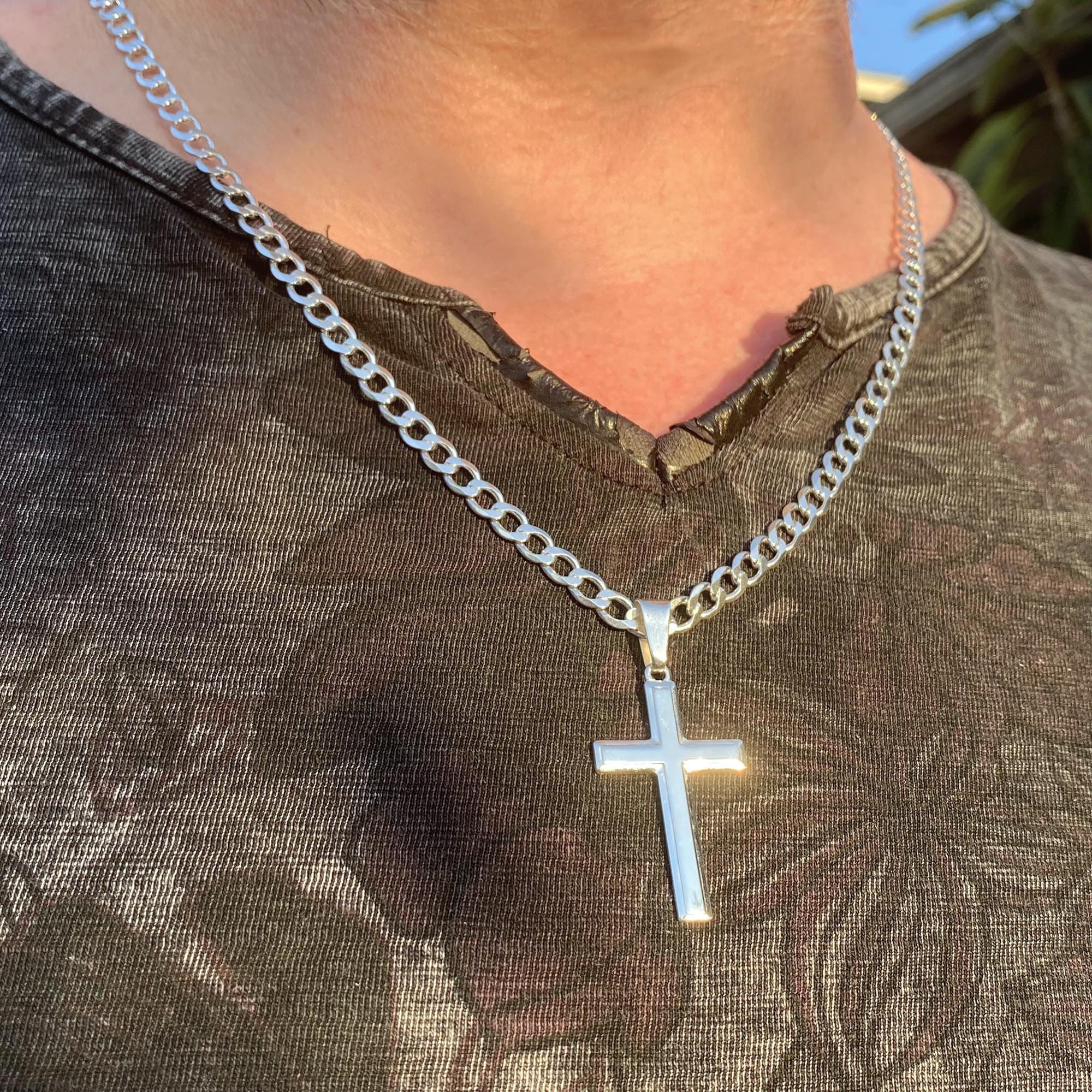 Sterling Silver Mens Cross Necklace, Sterling Silver Curb Chain