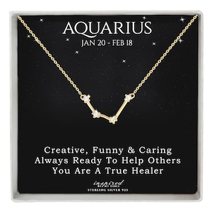Regalo de collar de constelación de acuario de oro, oro de 14 quilates sobre plata de ley, Regalo de horóscopo de astrología del zodiaco con tarjeta de recuerdo significativa