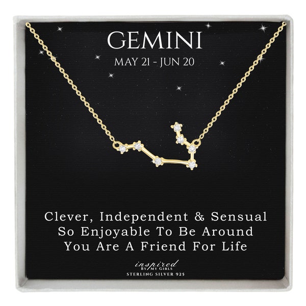 Gold Gemini Constellation Necklace Gift, 14K Gold over Sterling Silver, Zodiac Astrology Horoscope Gemini Gift With Meaningful Keepsake Card