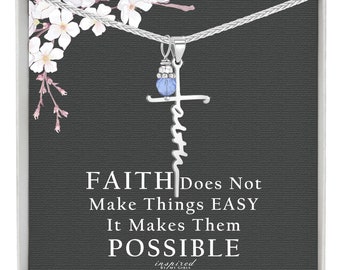 Womens Faith Cross Necklace, Solid Sterling Silver or 14K Gold Over Solid Silver, Optional Birthstone, Adjustable Chain, Ready To Give Gift