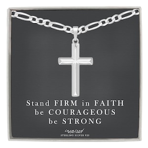 Mens Sterling Silver Domed Cross Necklace with Figaro Chain and and Meaningful Keepsake Card - Ready To Give Gift In Box