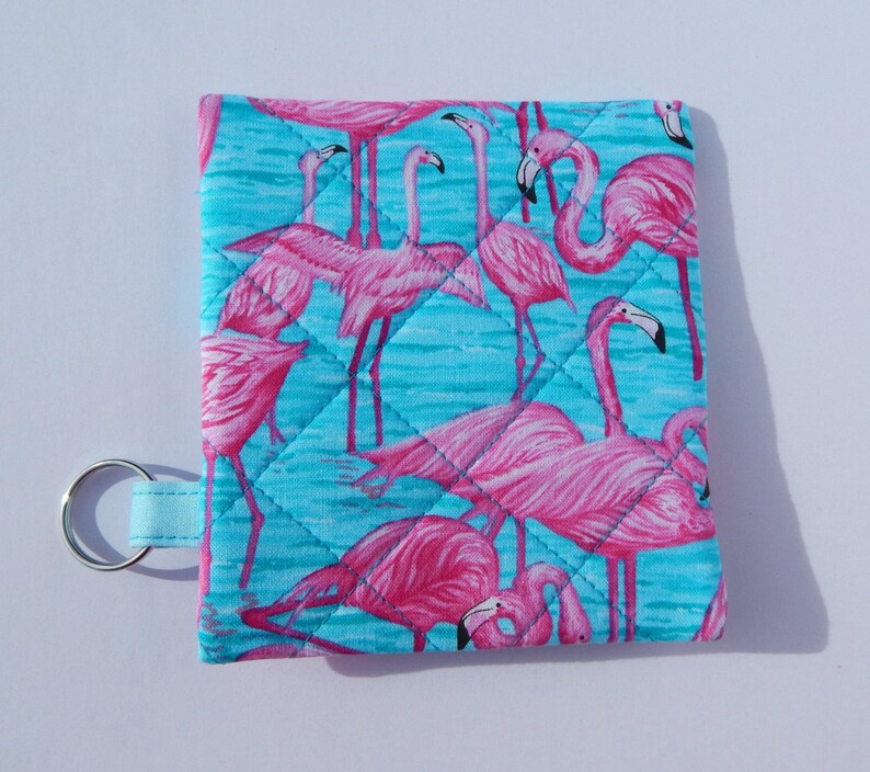 Quilted coin purse with flamingos flash drive holder Small key ring zippered pouch with key ring in pink and aqua