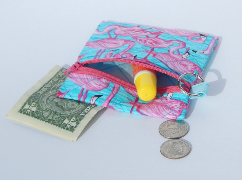 Quilted coin purse with flamingos flash drive holder Small key ring zippered pouch with key ring in pink and aqua