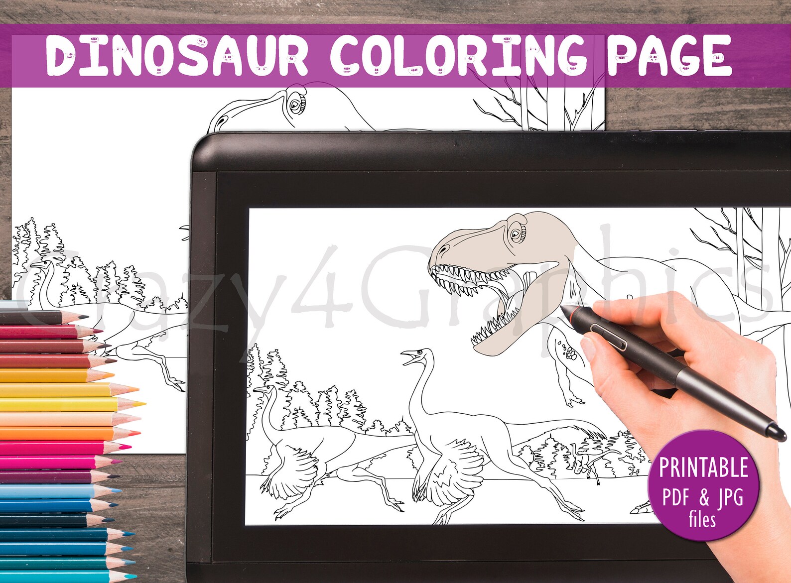  Dino Coloring Pages, Dino Coloring Sheet, T-rex Printable Page Illustration 