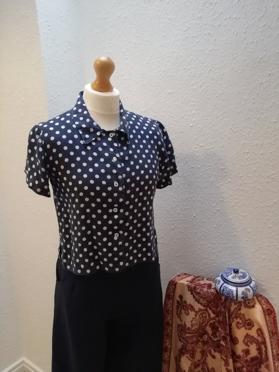 1940s esk Blue Cropped Polka Dot Blouse