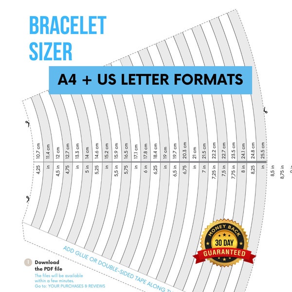 Bracelet Sizer | Bracelet Length Finder | Printable Bracelet Size Chart| Bangle Sizer | Bracelet Measuring Tool 3 COLORS! US LETTER and A4.