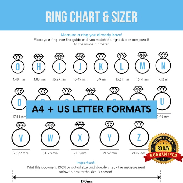 Ring Size Chart | Ring Sizer | Printable Ring Size Finder | Printable Ring Size Measuring Tool 3 COLORS! + BONUS International size chart