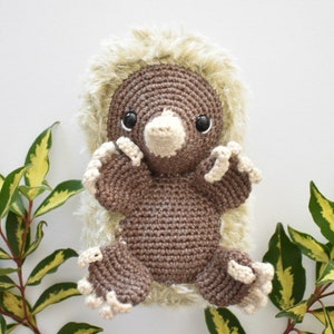 May include: A crocheted echidna plush toy with brown fur, a white snout, and black eyes. The toy is sitting on a white background with green leaves.