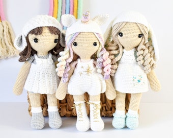 PAQUETE DE PATRONES - Stella la niña unicornio, Bonnie la muñeca conejita, Lulu la niña cordero