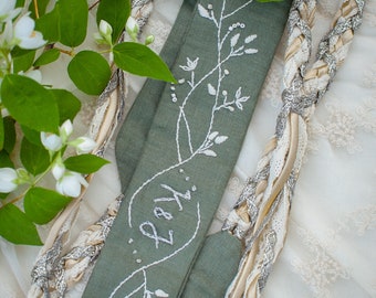 Handfasting Cord Forest Green & Silver Long Floral Hand Embroidered - Pagan Wedding Ceremony - Elopment - Linen - Rope - Custom - Bespoke