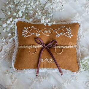 Embroidered Handfasting set:long cord and herbal wedding ring cushion, Warmer Caramel, Pagan, Linen, Personalized, Wedding Gift, Ring bearer image 2