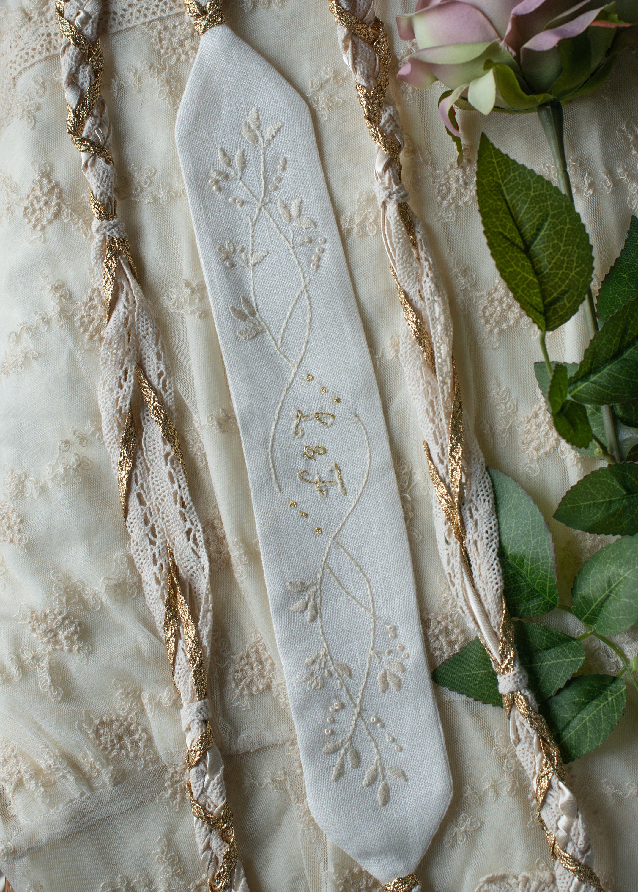 Ivory & Gold Short Hand Embroidered Handfasting Cord | Pagan | Wedding Ceremony | Elopment | Linen | Rope | Custom | Bespoke | Gift | Unique