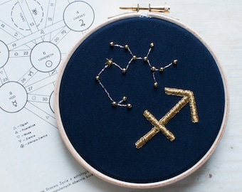Embroidery hoop with Zodiac Sign and constellation, Sagittarius, gold thread, stitch art, hoop art, stars, astrology, magic, stars,horoscope