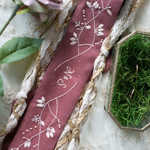 Burgundy & Gold Long Hand Embroidered Handfasting Cord | Pagan | Wedding Cord | Unique Gift | Linen | Rope | Custom | Bespoke | Elopment |