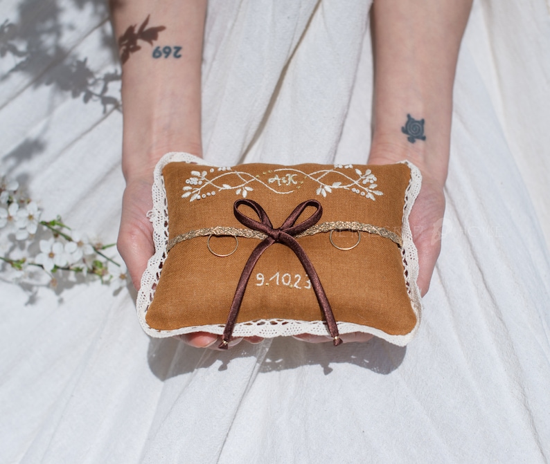 Herbal embroidered wedding ring cushion, Warmer Caramel, Pagan, Handfasting Ceremony, Unique, Linen, Personalized, Wedding Gift, Ring bearer image 3