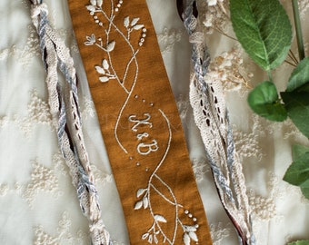 Warmer Caramel & Silver Short Embroidered Handfasting Cord - Pagan - Wedding Ceremony - Unique - Linen -Wedding Gift - Custom - Personalized