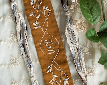 Warmer Caramel & Silver Short Embroidered Handfasting Cord - Pagan - Wedding Ceremony - Unique - Linen -Wedding Gift - Custom - Personalized