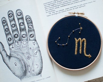 Embroidery hoop with Zodiac Sign and constellation, Scorpio, gold thread, stitch art, hoop art, stars, astrology, magic