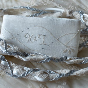 Ivory & Silver Short Embroidered Handfasting Cord Pagan Wedding Ceremony Unique Linen Wedding Rope Custom Personalized Gift image 2