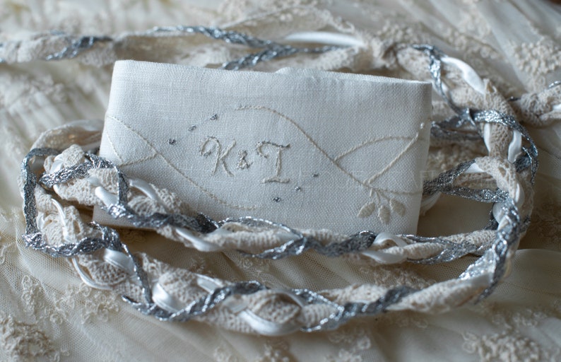 Ivory & Silver Short Embroidered Handfasting Cord Pagan Wedding Ceremony Unique Linen Wedding Rope Custom Personalized Gift image 2