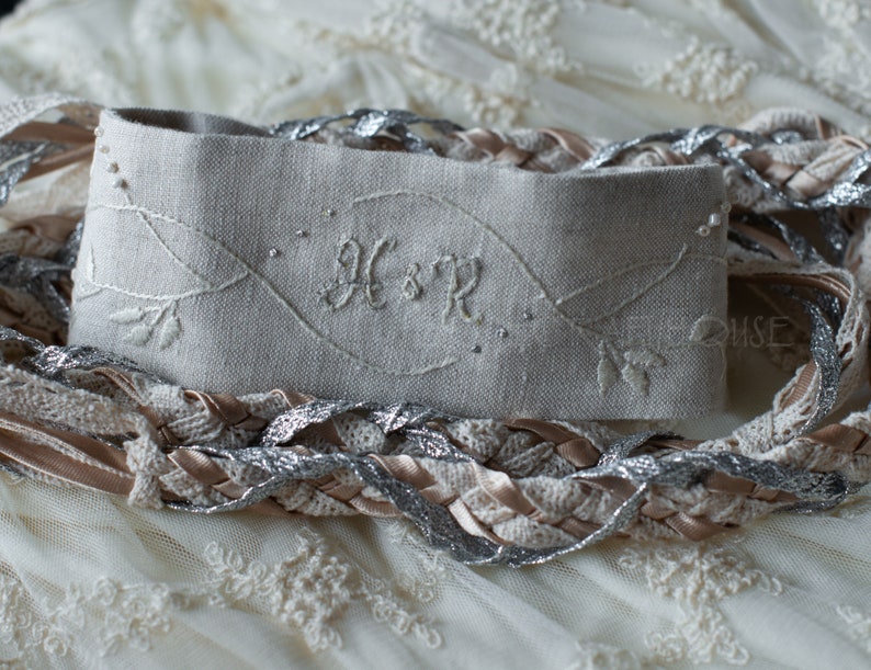 Handfasting Cord Natural Beige & Silver Short Hand Embroidered Pagan Wedding Ceremony Elopment Linen Rope Custom Bespoke image 3