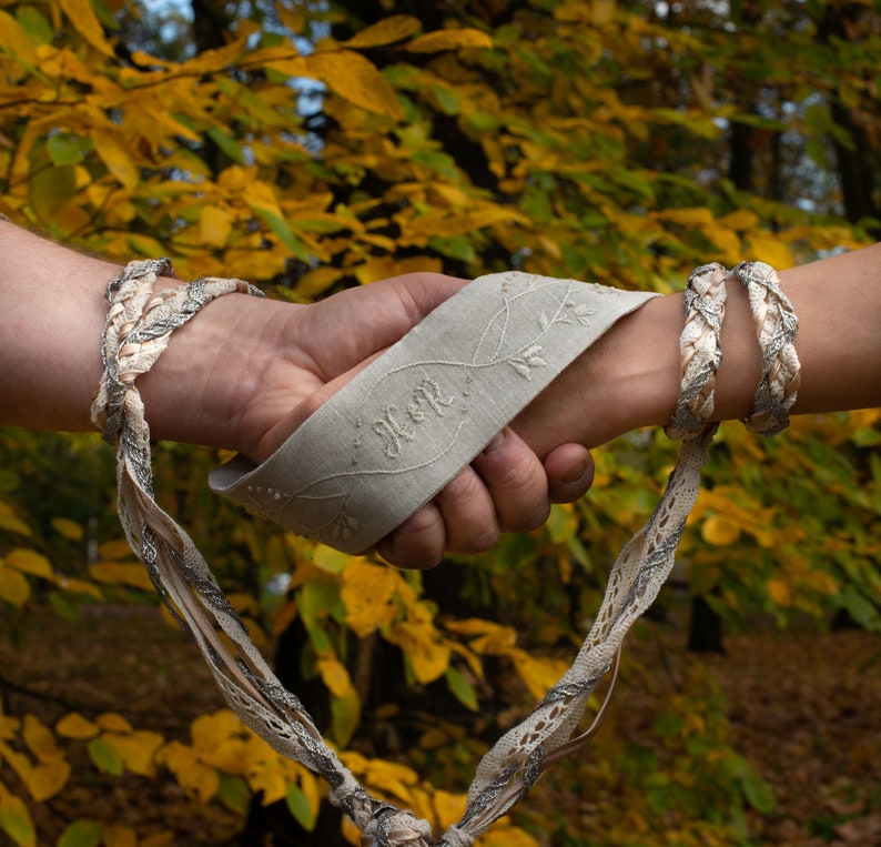 Handfasting Cord Natural Beige & Silver Short Hand Embroidered Pagan Wedding Ceremony Elopment Linen Rope Custom Bespoke image 4
