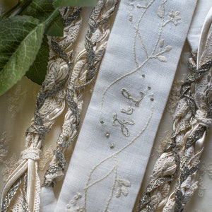 Ivory & Silver Long Hand Embroidered Handfasting Cord | Pagan | Wedding Ceremony | Elopment | Linen | Wedding Rope | Custom | Bespoke | Gift