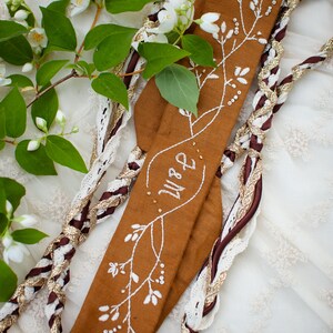 Embroidered Handfasting set:long cord and herbal wedding ring cushion, Warmer Caramel, Pagan, Linen, Personalized, Wedding Gift, Ring bearer image 6