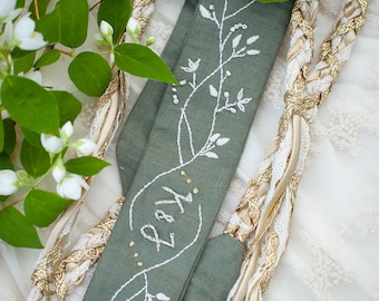 Handfasting Cord - Forest Green & Gold - Long - Hand Embroidered  - Pagan - Wedding Ceremony  Rope - Elopment - Linen - Bespoke - Custom