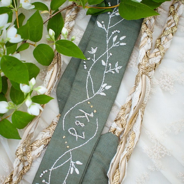 Handfasting Cord - Forest Green & Gold - Long - Hand Embroidered  - Pagan - Wedding Ceremony  Rope - Elopment - Linen - Bespoke - Custom