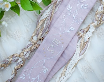 Powder Pink & Gold Long Embroidered Handfasting Cord - Pagan - Wedding - Ceremony - Unique - Linen - Wedding Rope - Custom - Personalization