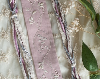 Handfasting Cord Powder Pink & Silver Short Floral Hand Embroidered - Pagan Wedding Ceremony - Elopment - Linen - Rope - Custom - Bespoke